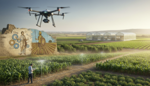 שילוב של עבר והווה: דמות אתונאית וספרטנית על קיר עתיק, מול נוף חקלאי ישראלי מודרני עם חממות, שדות מעובדים, מערכות השקיה ורחפן חקלאי. התמונה מסמלת את הדילמה בין גישות היסטוריות לחדשנות בחקלאות הישראלית